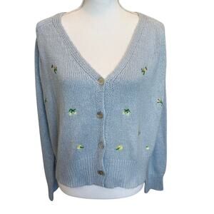 Cotton Emporium Cardigan Large Light Blue Floral Embroidery Cottagecore Cropped